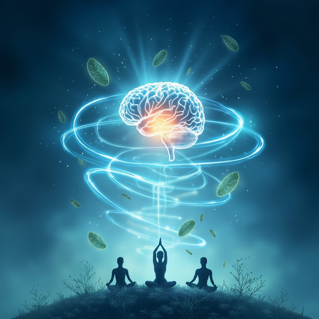 Serene illustration of a glowing human brain and heart connected by flowing energy waves, surrounded by yoga silhouettes, herbal leaves, and calm blue gradients symbolizing resilience and inner balance