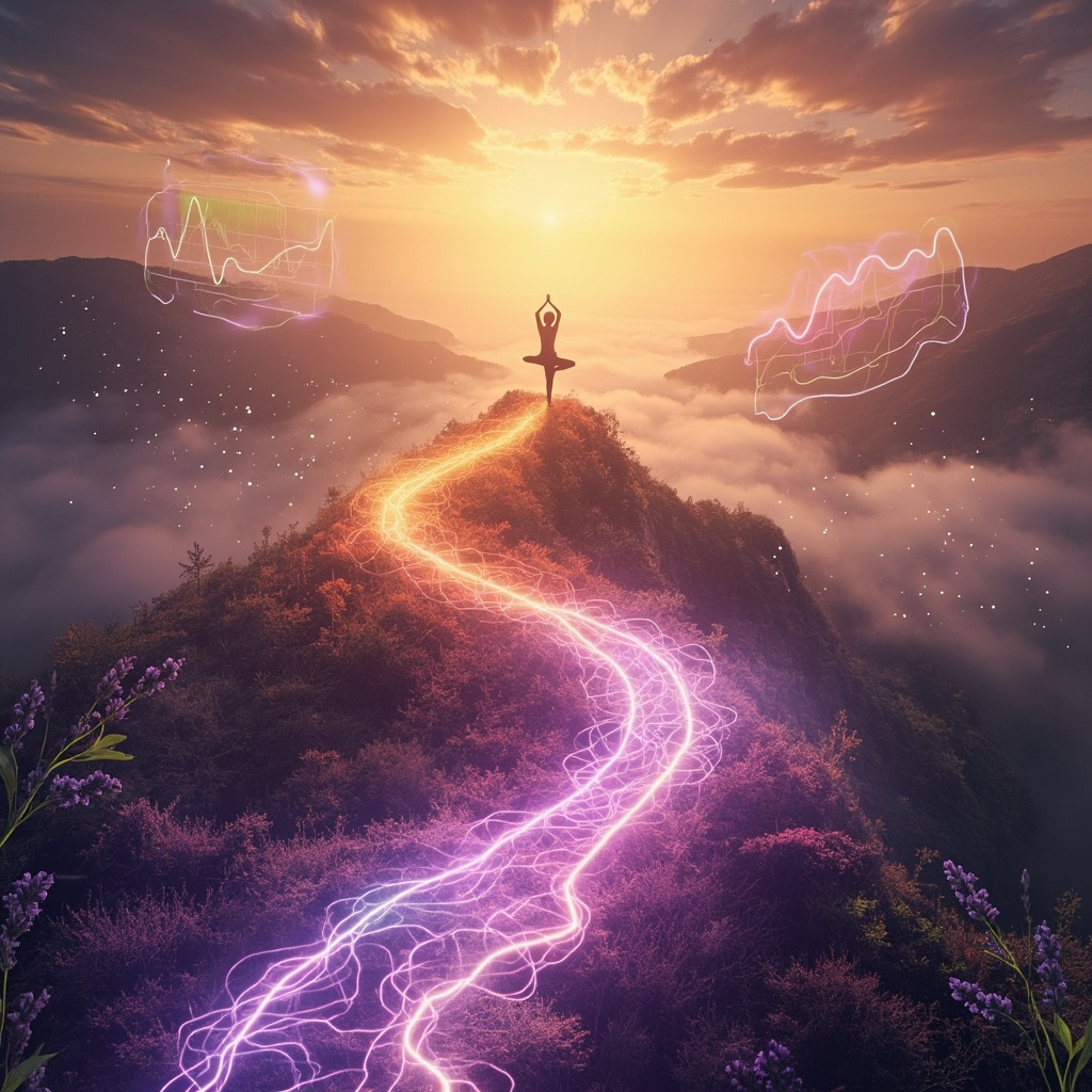 A glowing roadmap from chaotic stress waves to serene resilience peak, with biomarker charts, yoga pose silhouette, herbal elements, and balanced energy flows in a calm natural landscape.