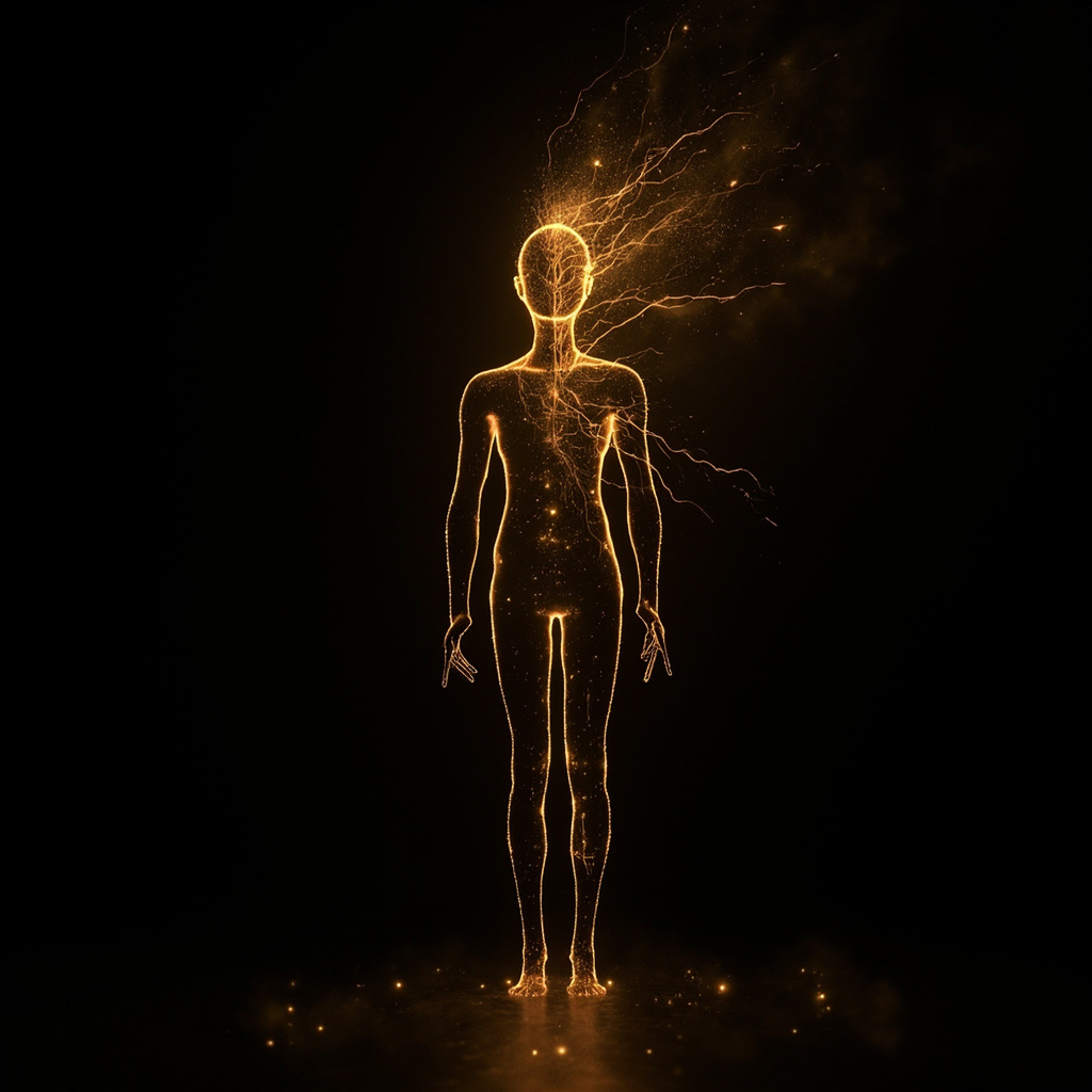 A serene, abstract visualization of glowing golden neural pathways and soft light energy flowing through a human silhouette, representing balance, vitality, and internal harmony, high-quality digital art style.