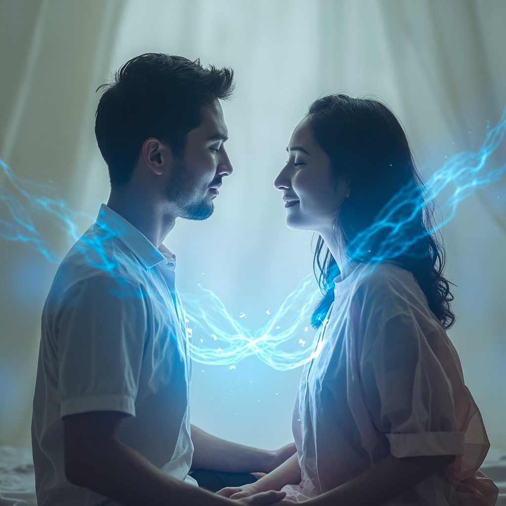 Serene couple sitting face-to-face, breathing deeply in unison with glowing blue energy waves flowing from their chests representing breath, boundaries, and emotional connection, soft natural light, calming pastel tones.