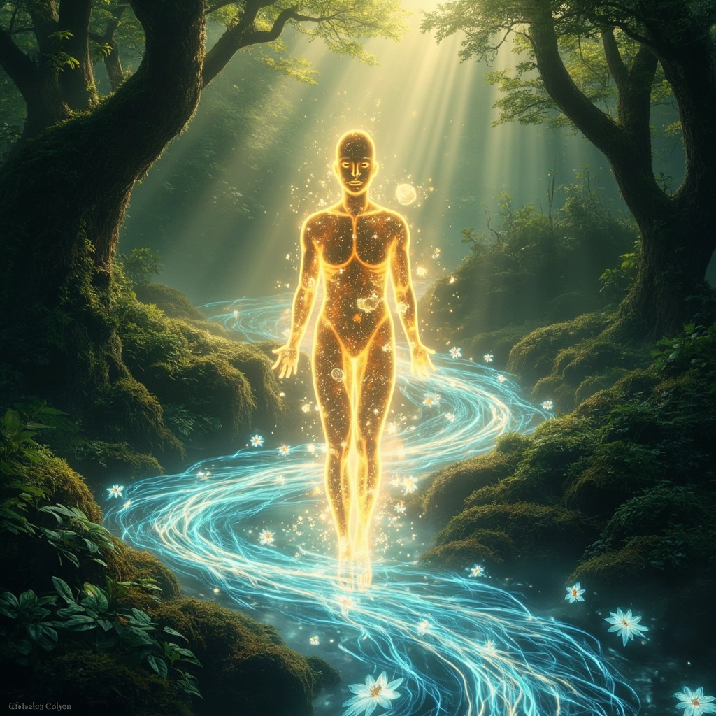A serene, abstract representation of the human body as a flowing river of light and energy, merging with organic botanical elements and soft, calming harmonic waves in a balanced, ethereal forest setting.