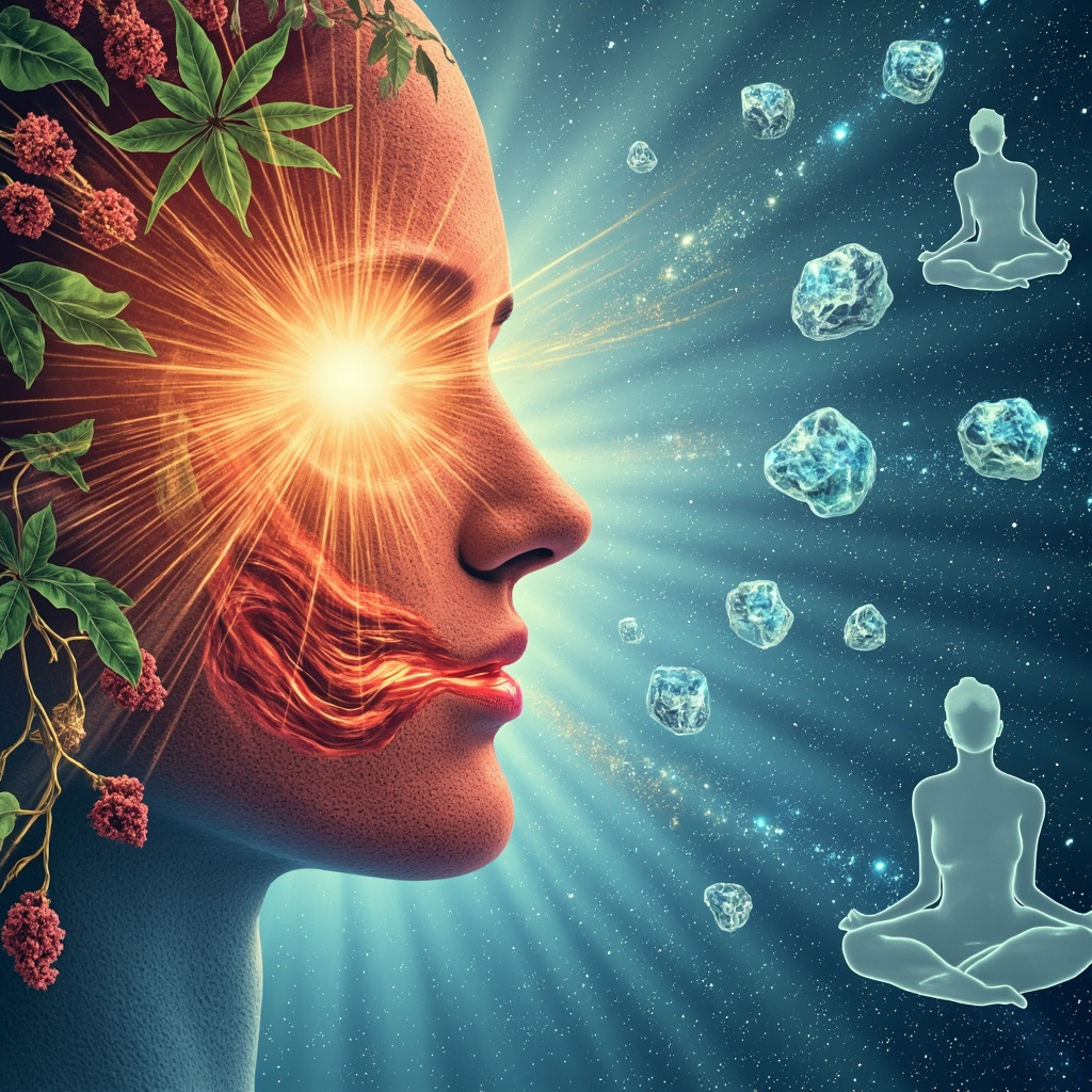 Serene illustration of a human profile with glowing mouth as gateway, energy flows calming red inflammation waves from gums and skin to gut and lungs, integrated with yoga pose silhouettes, herbal leaves, mineral crystals, and soft blue harmony light, holistic natural style