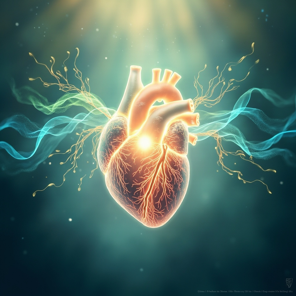 Serene illustration of a glowing human heart with balanced sympathetic and parasympathetic nerve flows in blue and green waves, intertwined with deep breathing lungs, soft radiant energy field, calming ethereal background