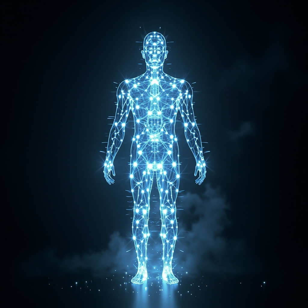 A high-quality, artistic representation of a human silhouette filled with glowing, interconnected light patterns and crystalline structures, soft ethereal lighting, professional, centered, harmonious, 8k resolution.