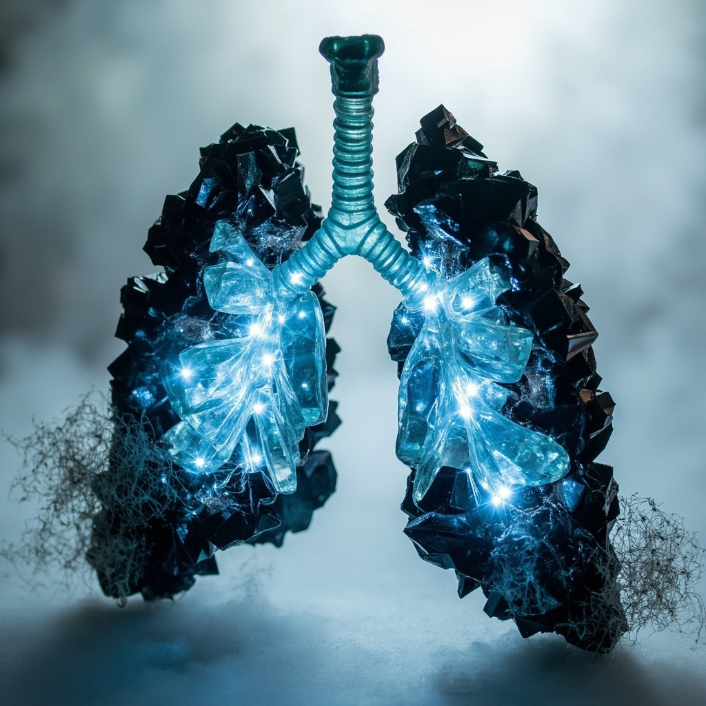 Serene ethereal lungs formed from translucent aquamarine and black tourmaline crystals, glowing with soft blue light waves symbolizing breath, shadowy fear dissolving into radiant energy, calming misty background