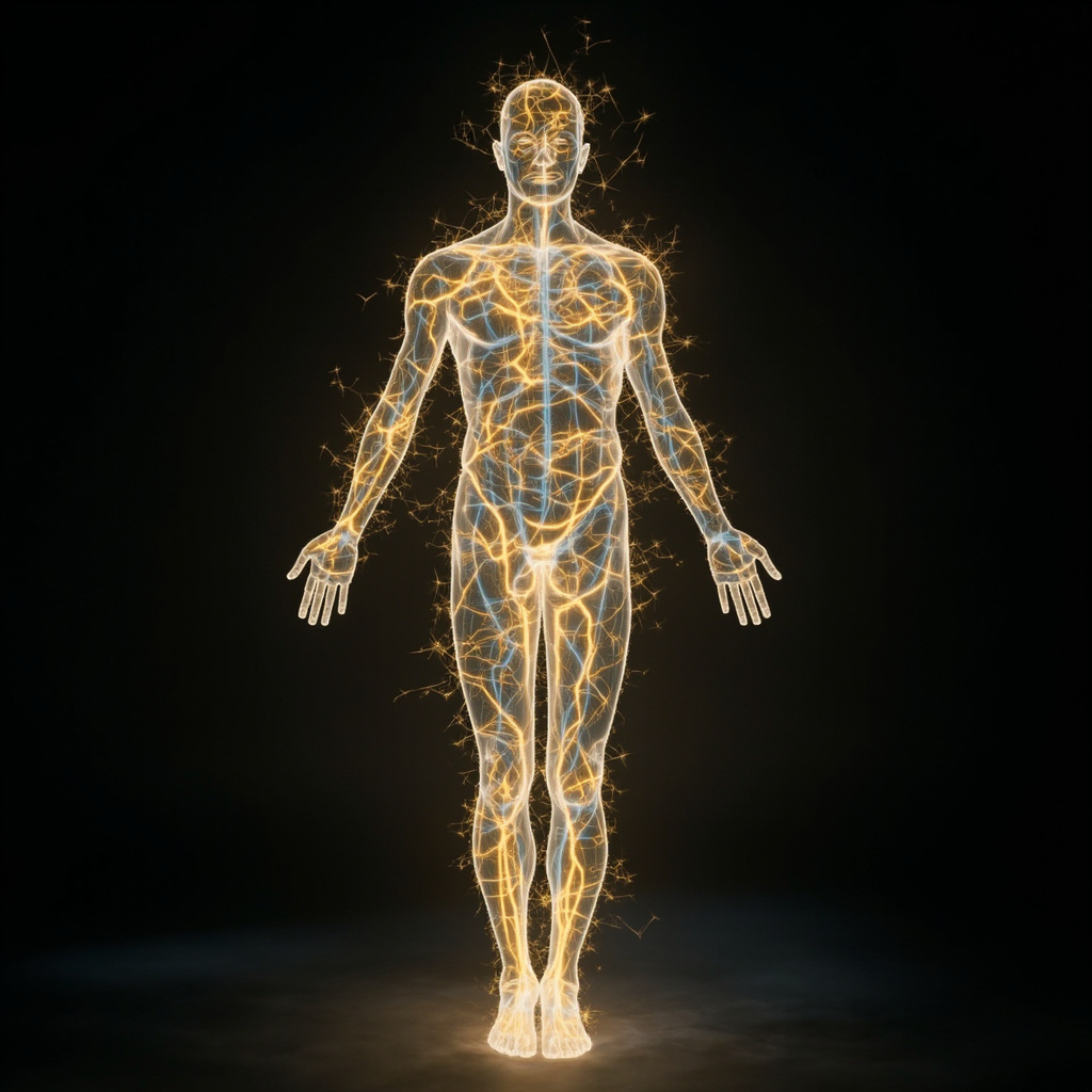 A serene, abstract representation of the human body as a glowing, interconnected network of light and rhythmic waves, symbolizing internal harmony, vitality, and the gentle flow of biological energy, soft natural lighting, high quality, professional photography style.