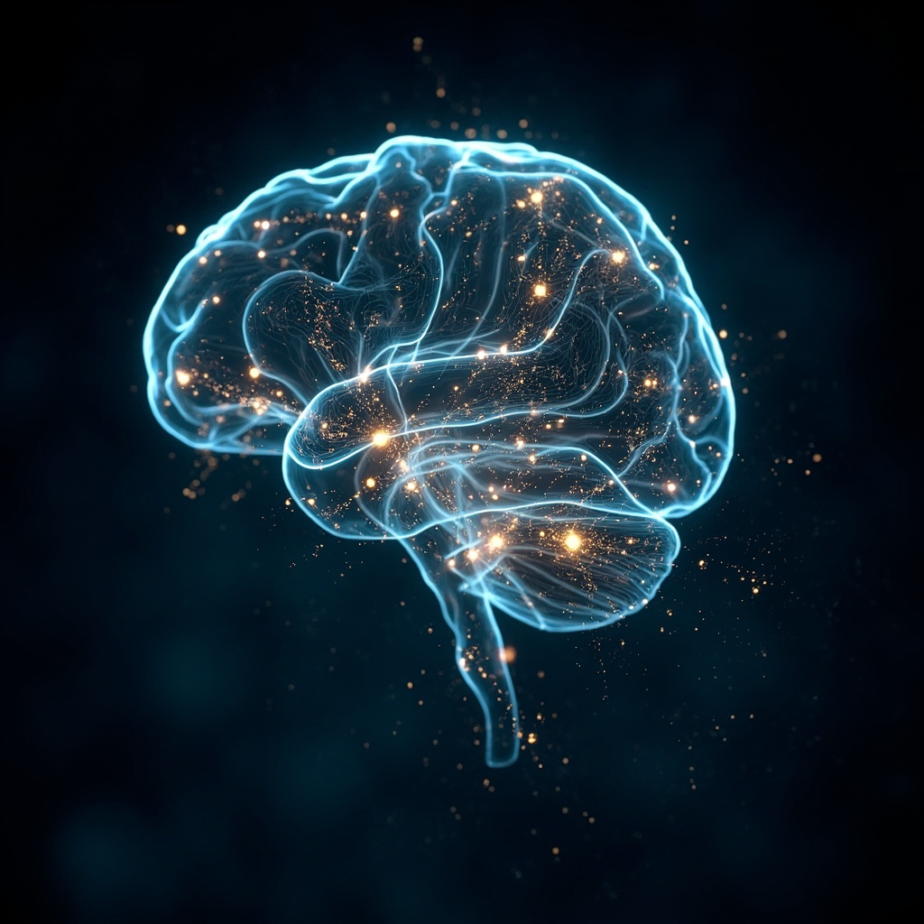A high-resolution, artistic representation of a glowing, interconnected neural network merging with the silhouette of a human brain, soft blue and golden light particles, professional and serene atmosphere, scientific yet ethereal style.